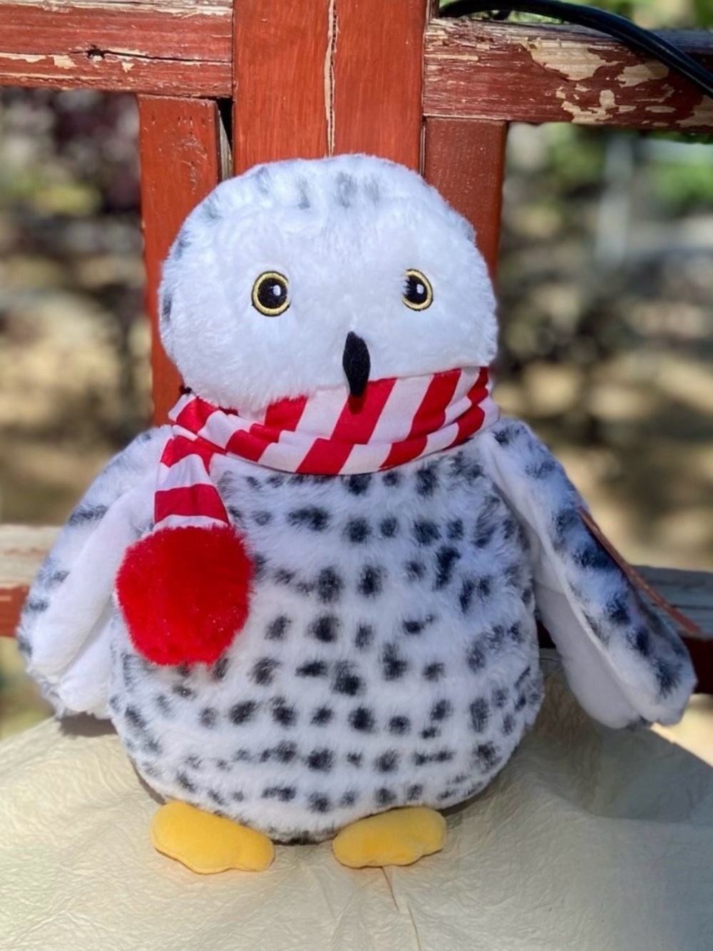 Plush Snowy Owl Stuffed Animal with Red Scarf